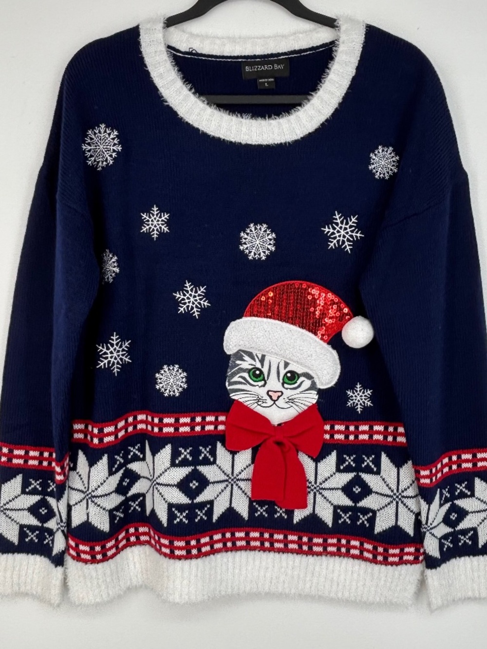 Blizzard Bay Womens Large Ugly Christmas Sweater Navy Blue Cat Santa Hat Snow